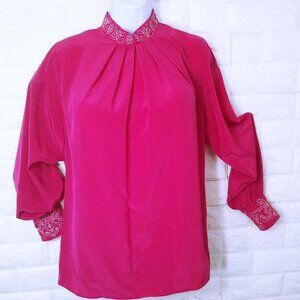 Vintage 80s Gailord High-Neck Pleated Blouse Top (8) Embroidered Metallic Cuffs